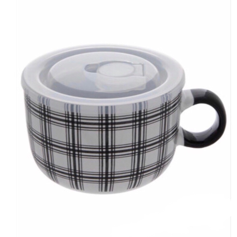 Soup Mug with Lid Black and White Plaid 18.6oz